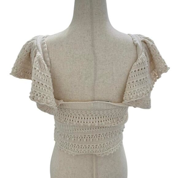 Soft cream crochet knit crop tank ruffle sleeves cottagecore romantic boho - Picture 3 of 7